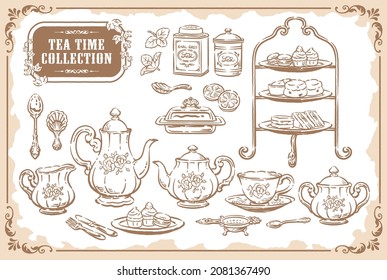 Collection of tea time objects. Vintage tools and pastries. Vector illustration.