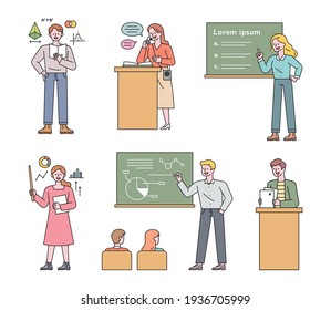 A collection of teacher characters who teach in various ways. flat design style minimal vector illustration.