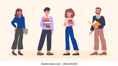 Colección de profesores. Conjunto de caracteres para la escuela. Hombres y niñas con libros de texto en sus manos. Diferentes profesionales, conferencias. Dibujo vectorial plano de dibujos animados aislado en fondo beige