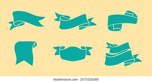 Collection of teal banners on a yellow background. Teal banners in various shapes. Decorative teal banners for design. Simple teal banners for creative projects. Ribbon banner vector set.