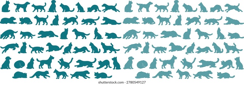 A collection of teal cat silhouettes arranged in horizontal rows on a plain white background. The silhouettes depict various cat poses and shapes, showcasing a range of feline forms. The teal color is uniform across all silhouettes, providing a cohesive visual effect.