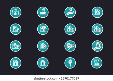   Collection Of Teal Circular Real Estate Icons Representing Property Sales, Rentals, Interior Design, And Home Services In Vector Format  
