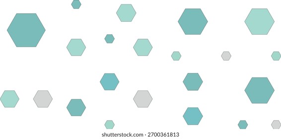 Una colección de hexágonos de color verde azulado, azul claro y gris de diferentes tamaños se dispersan a través de un fondo blanco limpio, creando un patrón geométrico moderno y abstracto.