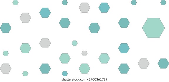 Una colección de hexágonos de color verde azulado, menta y gris de varios tamaños esparcidos sobre un fondo blanco limpio, creando una composición visual moderna y abstracta.
