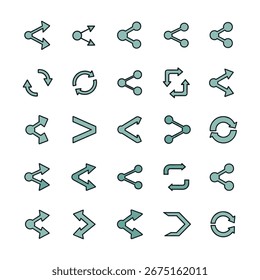 Collection of teal share and recycle arrows, modern web icons, digital interface elements, flat design, user interface graphics, technology illustration, minimalist vector icons.