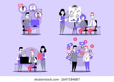 Collection of team collaboration in professional setting. Individuals engaged in discussions, using technology, and analyzing data through presentation and teamwork activities