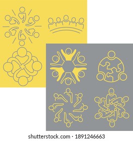 Collection of team label icons isolated on a contrasting background. Yellow and gray partners, collaboration, friendship, teamwork label vector outline icons set 