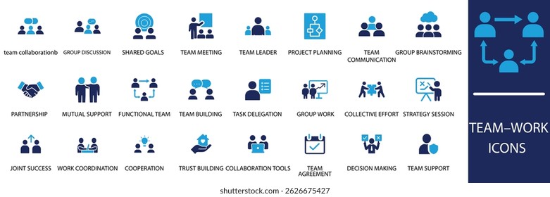Collection of teamwork icons depicting collaboration, group discussion, project planning, partnership, and decision-making. Perfect for business, corporate, and team-related designs.