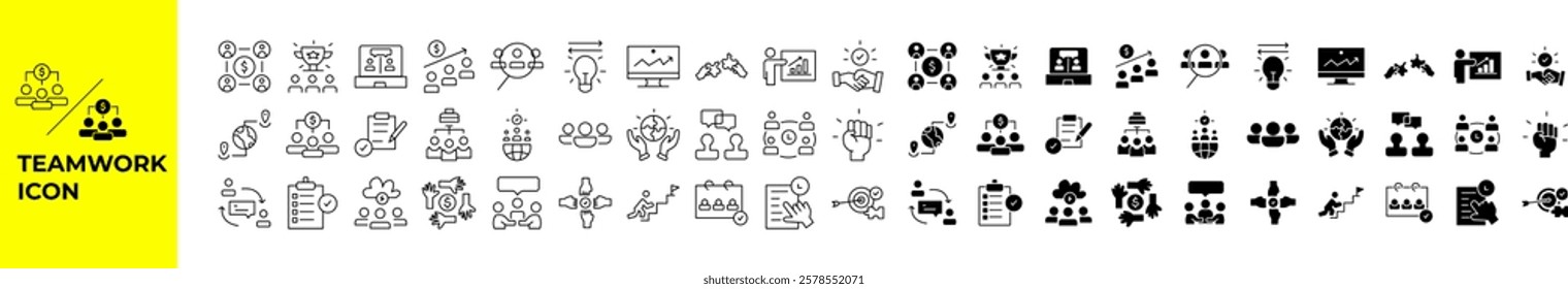 A collection of teamwork icons representing collaboration, partnership, leadership, and synergy. Vector set featuring minimalistic and modern flat design for business, corporate.
