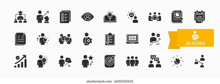 Una colección de iconos de trabajo en equipo y gestión adecuados para aplicaciones de Web y móviles. Conjunto de iconos de estilo de glifo con liderazgo, estrategia, planificación, trabajo en equipo y más iconos.
