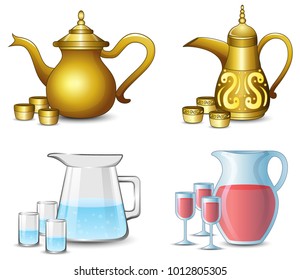 Collection of the teapot with cups on white background