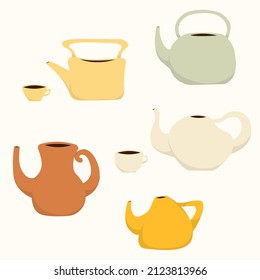 Colección de teteras y tazas aisladas. Herramientas de cocina decorativas, utensilios domésticos, vajilla de cerámica para té o café. Ilustración vectorial de dibujos animados planos.