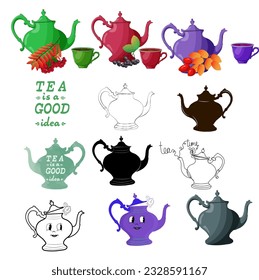 Colección de teteras de diferentes diseños para una decoración diferente. Grabado de dibujos animados con bayas y tazas para completar el diseño. Ilustración del vector