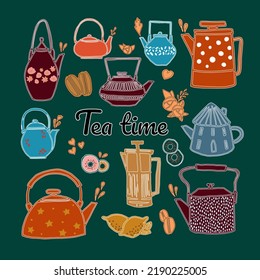 A collection of teapots and teapots isolated on a white background. Decorative kitchen tools, household utensils, ceramic tableware or glassware for a tea ceremony. Flat cartoon vector illustration.