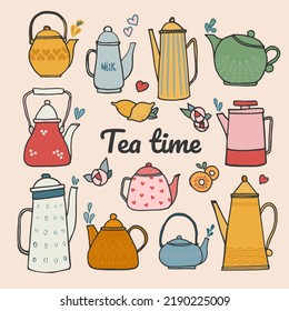 A collection of teapots and teapots isolated on a white background. Decorative kitchen tools, household utensils, ceramic tableware or glassware for a tea ceremony. Flat cartoon vector illustration.