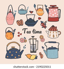 A collection of teapots and teapots isolated on a white background. Decorative kitchen tools, household utensils, ceramic tableware or glassware for a tea ceremony. Flat cartoon vector illustration.