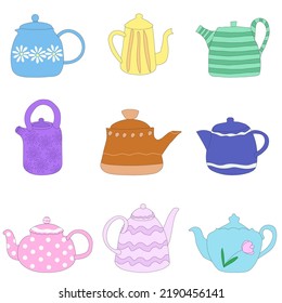 Collection of teapots and teapots isolated on white background. Decorative kitchen tools, household utensils, pottery or glassware for the tea ceremony.