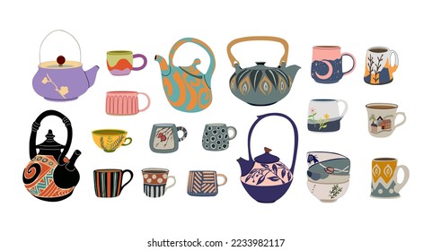 Colección de teteras, hervidores, tazas, tazas aisladas en fondo blanco. Herramientas de cocina decorativas, utensilios domésticos, vajilla de cerámica, vidrieras para la ceremonia del té. Ilustración vectorial de dibujos animados planos.