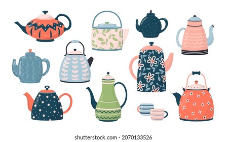 Collection of teapots and kettles isolated on white background. Ceramic drinkware or glassware for tea ceremony. Flat cartoon vector illustration.