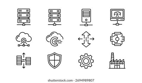 Collection of tech and data icons featuring servers cloud computing security and industry symbols vector