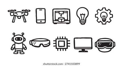 Collection of tech and innovation doodle icons featuring a drone, robot, 3d printing, artificial intelligence, and virtual reality concepts.