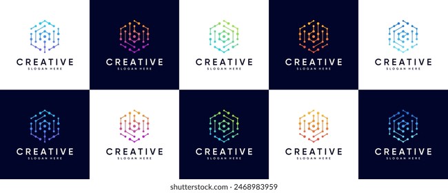 collection of tech logos with hexagon style and letter combination, modern abstract, creative logo design.