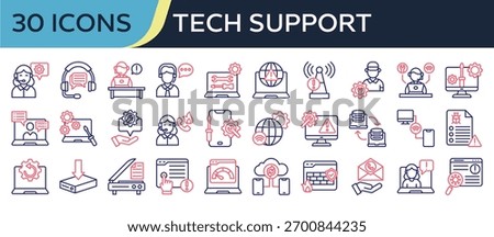 Collection of Tech support icons, related to Support Agent, Live Chat, Help Desk, Technical Support, Remote Access and more. Outline color icons vector illustation.
