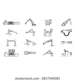 A collection of technical line art icons depicting marine loading arms, industrial piping systems, and tanker ship operations for oil and gas transfer.