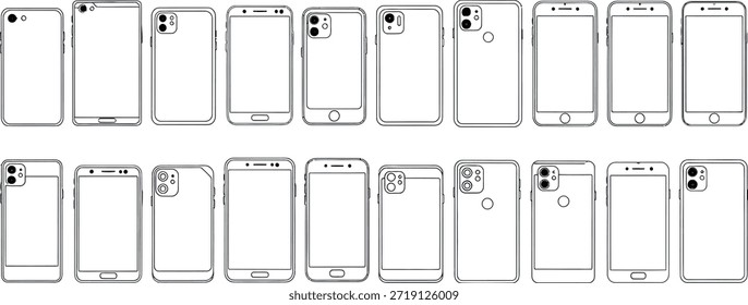 A collection of technical sketches showcasing multiple smartphone designs with varying screen sizes and camera placements