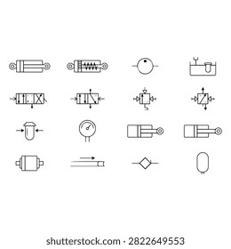 A collection of technical vector icons representing various hydraulic and pneumatic system components and symbols.