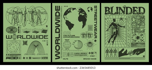 Collection of techno grunge posters. With blueprint retro graphic, stylish print for streetwear, print for t-shirts and sweatshirts. Isolated on green background