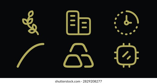 Collection of technological and architectural icons with minimalist golden line style. Features plant branch, urban buildings, clock, curve, gold bars, and computer chip. Ideal for abstract digital projects, technology branding, and industrial web design.