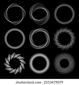 Collection of technological elements for design. Decor templates of round swirl shapes, stylized shapes and vector set of white abstract elements on black background