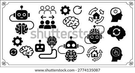 Collection of technology and artificial intelligence icons robots brains gears and human heads signify innovation data processing and cognitive functions