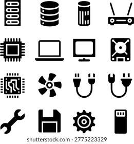Collection of technology and computer hardware icons featuring servers storage devices and accessories