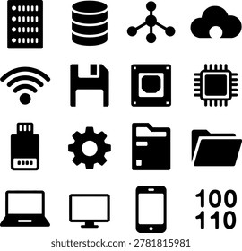 Collection of Technology and Computer Related Icons Featuring Storage Devices Networking Components and Hardware Elements