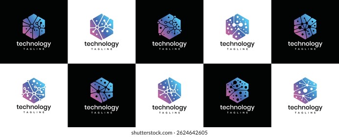 coleção de projetos de logotipo hexágono de conexão de tecnologia. Modelo do logotipo da conexão de tecnologia. Ícone de símbolo de logotipo de tecnologia