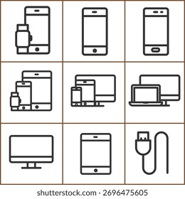 Coleção de tecnologia Dispositivo Linha Ícones Smartphone Tablet Laptop and Monitor.