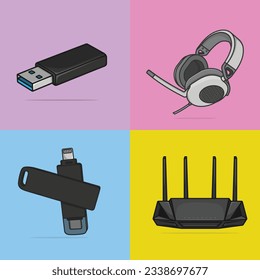 Ilustración vectorial De La Colección De Dispositivos Tecnológicos. Concepto de icono de objeto tecnológico. Conjunto de diseños vectoriales de enrutador de red, audífono y dispositivo USB Flash Drive. Colección de elementos de tecnología.