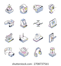 Colección de Tecnología e iconos de estilo isométrico digital 