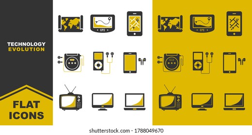 collection of technology evolution flat icons. map, music player, old television. Vector illustration. 