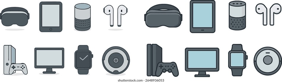 A collection of technology gadgets is arranged on a white background, showcasing items like virtual reality headsets, tablets, smart speakers, and gaming consoles.