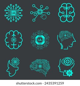 Collection of technology icon set, such as robot, digital, vr, ai, cyber and artificial Intelligence Vector Line Icons Set. Face Recognition vector illustration