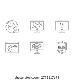 Collection of technology icons for business, software development, and API integration. Various symbols for coding, testing, and beta software.