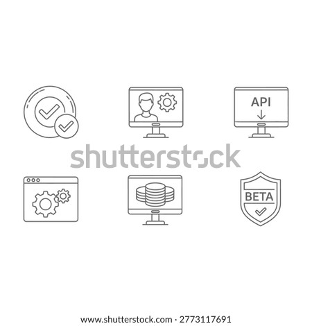 Collection of technology icons for business, software development, and API integration. Various symbols for coding, testing, and beta software.