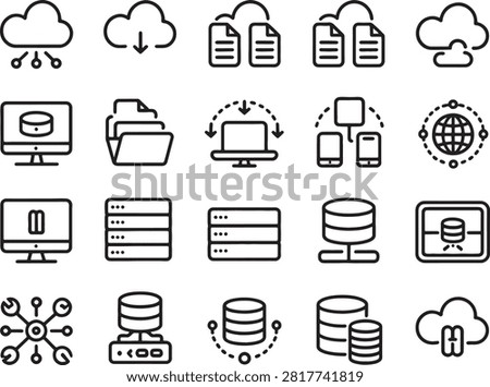 Collection of technology icons depicting cloud computing data storage and network concepts