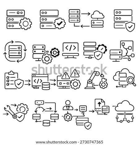 A collection of technology icons depicting coding, servers, data exchange, and digital security.