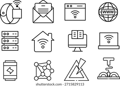 Collection of technology icons including web server and network symbols isolated on transparent background