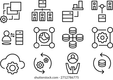 Collection of technology icons representing network and data management isolated on transparent background
