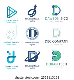 Colección de la Plantilla de diseño de logotipo de letra D de Tecnología. Símbolo de iniciales para Negocios, Start up, Inteligencia Artificial.